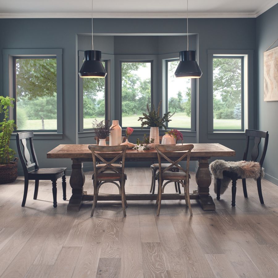 Kitchen hardwood, wood table, black walls