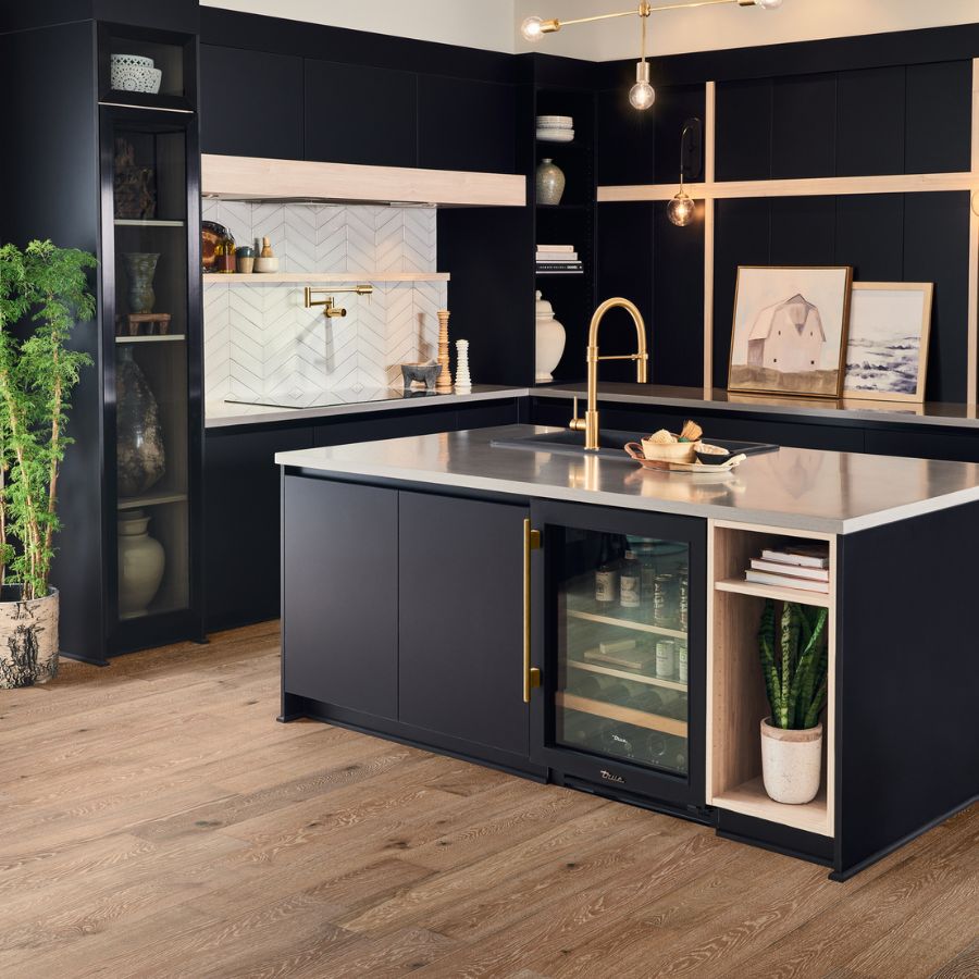 hardwood in kitchen, black cabinets, white backsplash